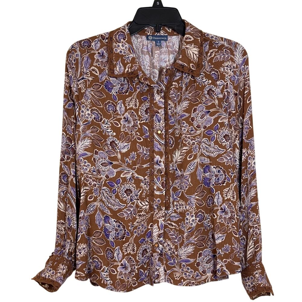 NWT Democracy Small Top Long Sleeve Button Up Brown Cream Purple Floral Lace